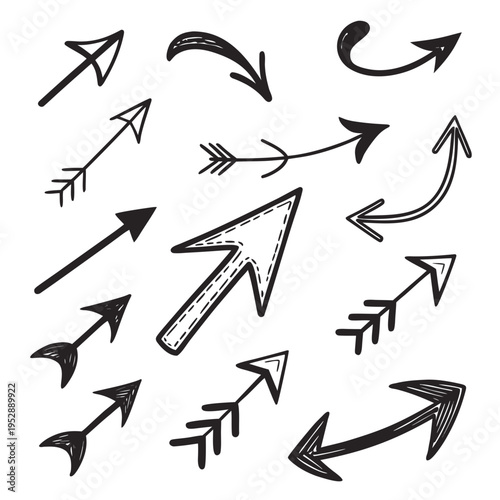 Hand drawn arrow set with different styles and shapes featuring doodle sketches of pointers and decorative indicators for creative design projects
