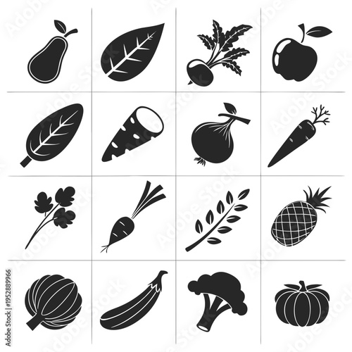 Monochrome silhouette icons of various fruits vegetables and plants forming a grid on white background vector illustration for healthy food concepts