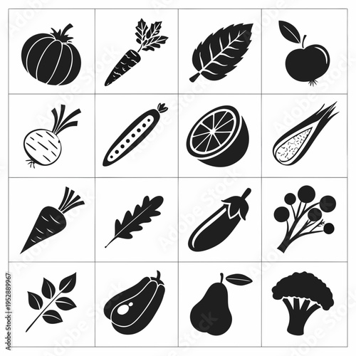 Vegetable and fruit icon set including pumpkin carrot leaf apple beet pea orange corn eggplant broccoli and pear icons for healthy food design