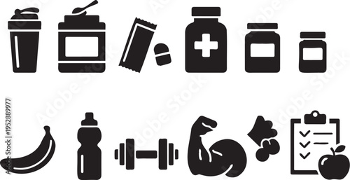 Fitness and nutrition icons including food supplements and exercise tools in black silhouette style