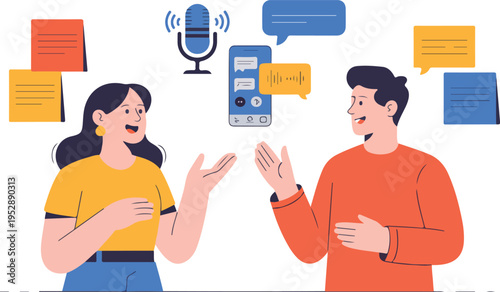 Casual conversation vector illustration of two people with speech bubbles, microphone, and recording device discussing a specific topic