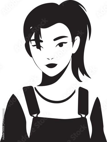 Hand Drawn Female Pilot Black and White Avatar Illustration in Minimal Line Art Style Design
