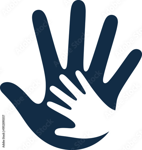 Abstract vector illustration of a small white child hand inside a large dark blue adult hand representing protection and care