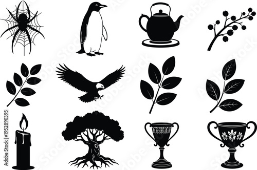 Collection of black silhouette icons featuring spider web, penguin, teapot, leaves, eagle, candle, tree and trophy, minimalist vector illustration set