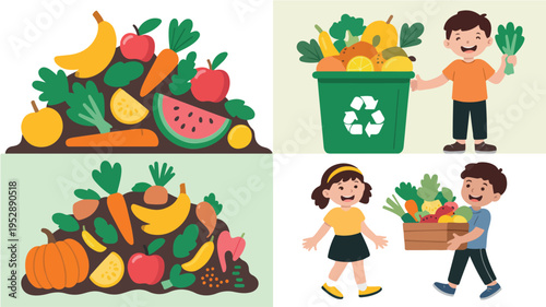 Vector illustration collection of people recycling food scraps into compost bins with piles of organic waste, fruit peels, and vegetables