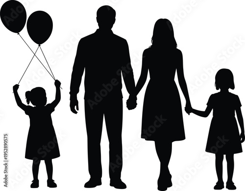 Black silhouette of a family with father mother and two daughters holding hands and balloons isolated on a white background