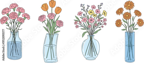 Colorful flower bouquets in glass vases collection, decorative floral arrangement set, botanical home decor illustration, elegant vector design
