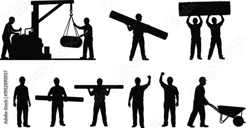 Construction workers silhouettes set, builders carrying materials operating machinery and wheelbarrow, industrial labor teamwork vector illustration isolated on white background