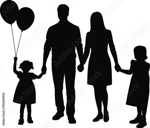 Black silhouette of a happy family holding hands with two daughters where one little girl is holding two floating balloons
