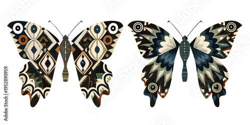 Stylized butterflies with intricate geometric patterns displayed against a white background