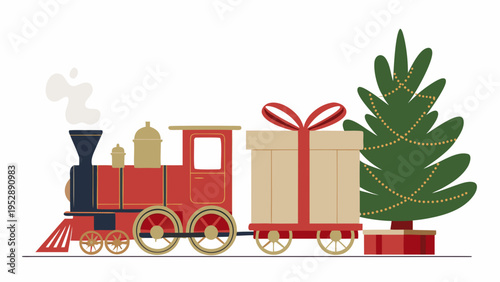 A red toy train carries a large gift past a decorated christmas tree