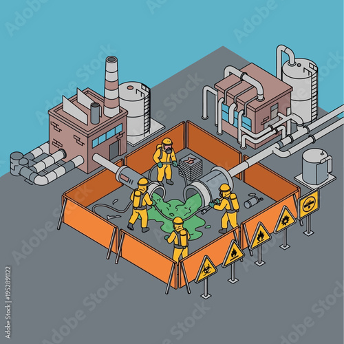 Isometric illustration of a hazardous waste spill at an industrial facility with workers in protective suits.
