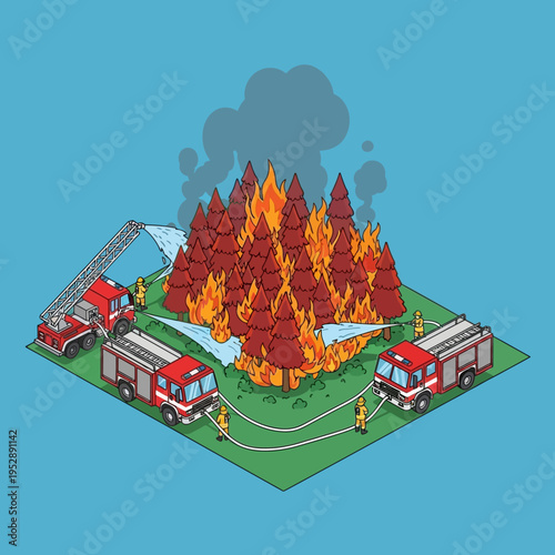 Illustration depicting firefighters battling a raging wildfire in a forest, using trucks and hoses.
