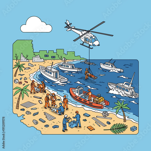 Coastal rescue scene depicting a helicopter, boats, and emergency personnel assisting survivors.