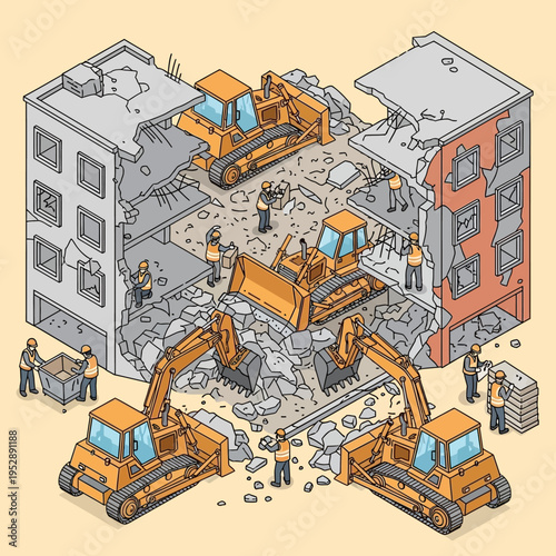 Isometric view of a building demolition site with heavy machinery and workers.