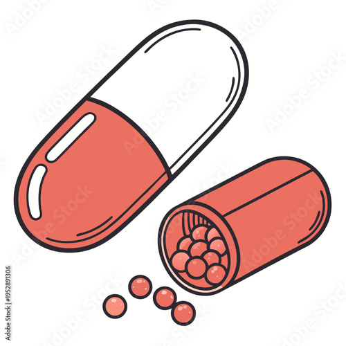 A red and white capsule with small pills