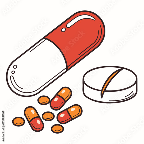 A red and white capsule and assorted pills