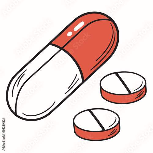 A red and white capsule and two round pills