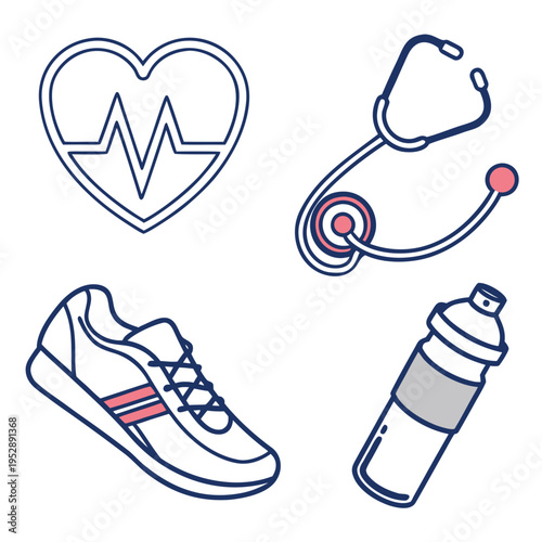 Health and fitness icons including heart rate and shoe