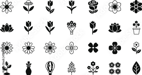 A comprehensive collection of black and white flower and plant icons for various design projects isolated on white background