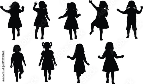 A collection of black silhouettes featuring various children in playful and active poses isolated isolated on white background