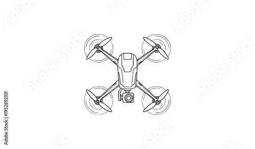 Minimal top view camera drone line art vector isolated on white for aerial technology concept