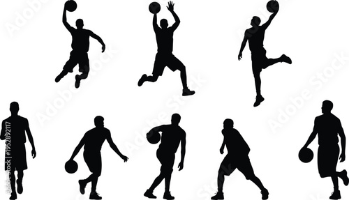 Basketball player silhouette set dribbling jumping shooting athlete sport action isolated team game activity flat vector illustration design