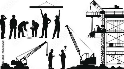 Construction workers silhouettes vector illustration, builders with crane lifting and scaffolding structure, industrial labor activity set, black human figures isolated, engineering workforce concept