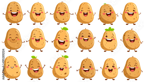 A collection of eighteen cute potato characters with various happy and cheerful facial expressions Vector