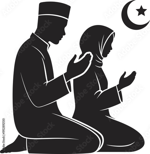 Black silhouette vector of a Muslim man and woman praying together in kneeling position under a crescent moon and star