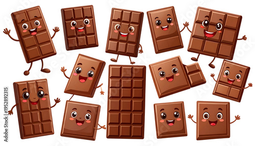 A collection of cute milk chocolate bar characters with happy smiling faces and waving arms Vector