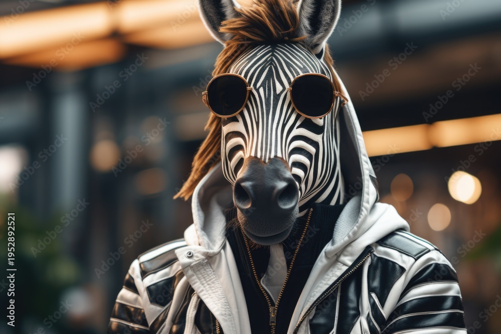 Obraz premium A person wearing a zebra mask and sunglasses. This image can be used for costume parties or as a quirky fashion statement