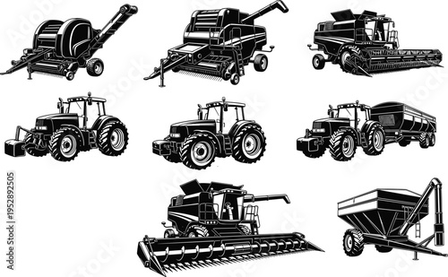 Agricultural machinery set featuring tractor combine harvester baler and grain cart isolated on white background farming equipment vector illustration collection for agriculture design