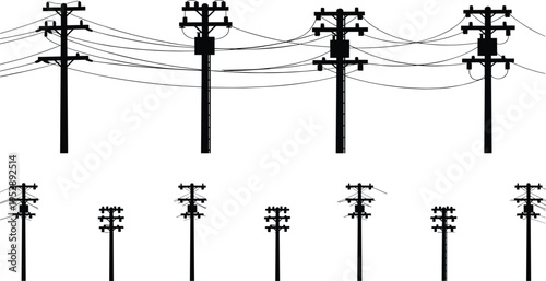 Vector silhouette set of electric utility poles with transformers, overhead power lines, electrical grid distribution, and energy infrastructure poles collection.