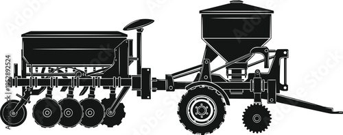 Agricultural seeder machine silhouette featuring tractor attachment for crop planting isolated on white background, detailed farming equipment vector illustration for modern agriculture industry