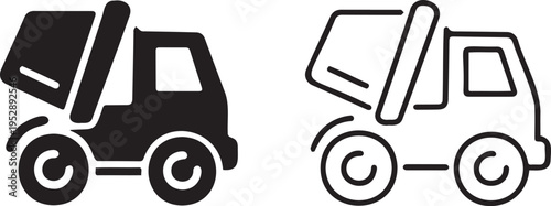 Set of 2 black and white vector icons depicting a dump truck with its bed raised, one solid fill and one outline style, ideal for construction or transport designs.