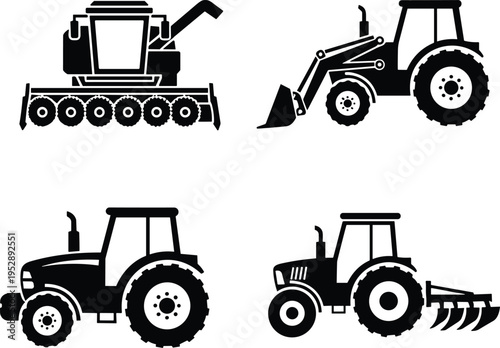Agricultural tractor and harvester silhouette set featuring farm machinery with plow and loader isolated on white background, modern farming equipment vector icons collection