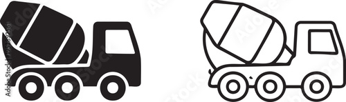Set of 2 Concrete Mixer Truck Icons Vector: Solid Black Silhouette and Outline Style for Construction, Industrial, or Delivery Themes