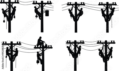 Silhouette set of professional linemen repairing electric utility poles, power line maintenance technicians, electrical grid workers, and energy infrastructure industry.