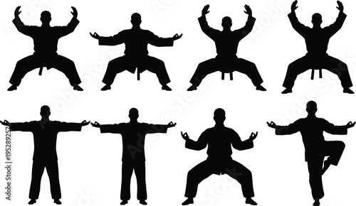 Black silhouette martial arts stances set including Tai Chi and Kung Fu poses, balance, discipline, and dynamic movement for training design