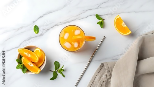 Refreshing orange juice with ice and mint leaves on a marble background
