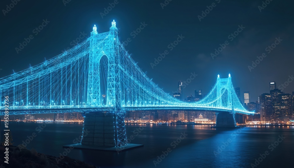 Fototapeta premium Futuristic blue wireframe bridge connects city at night. Glowing neon lines form suspension structure over dark water. Urban skyline glows with lights.