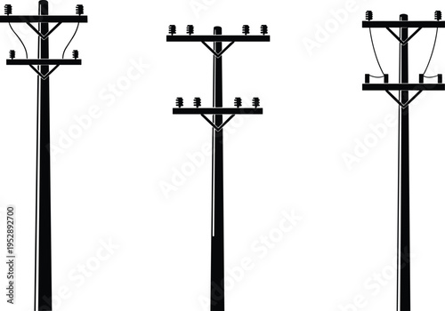 Vector silhouette set of electric utility poles featuring various crossarm designs for power distribution, energy infrastructure, and electrical grid layouts.