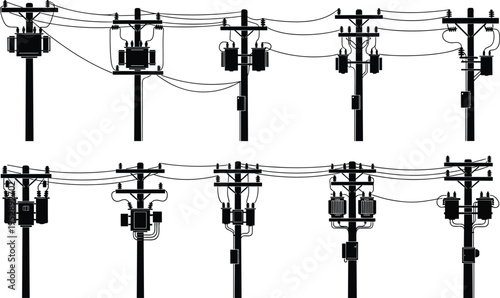 Vector silhouette set of electric utility poles with transformers, overhead power lines, electrical distribution equipment, and energy infrastructure icons.