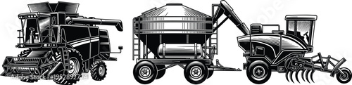 Agricultural machinery silhouette set featuring combine harvester, grain trailer and forage harvester isolated on white background, detailed farming equipment vector illustration for agribusiness use
