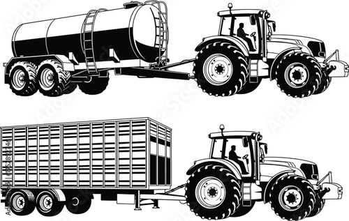 Agricultural tractor with trailers silhouette set featuring tanker and cargo transport farm machinery isolated on white background, detailed vector illustration for farming industry use
