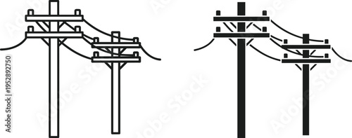 Utility power lines and electrical poles with wires silhouette vector icons set isolated on white background for energy industry infrastructure.