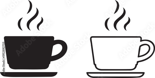 Set of 2 hot coffee cup vector icons with steam, one solid black and one outlined, on saucers, for cafe menus and beverage designs