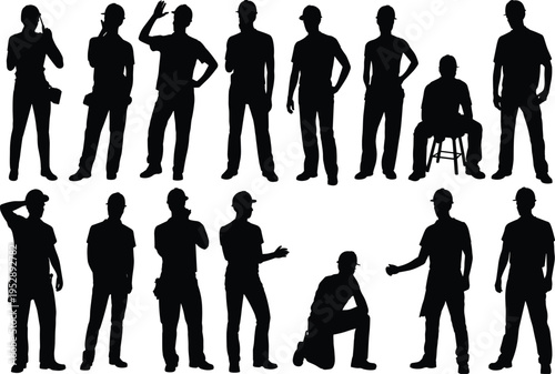Construction workers silhouettes vector illustration, industrial labor team with different poses, builders wearing helmets, black human figures isolated, engineering workforce collection set