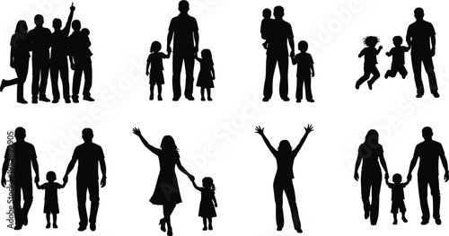 PrintBlack and white silhouette illustration of families and groups of people in various poses, symbolizing parenting, companionship, social interaction, and everyday relationships